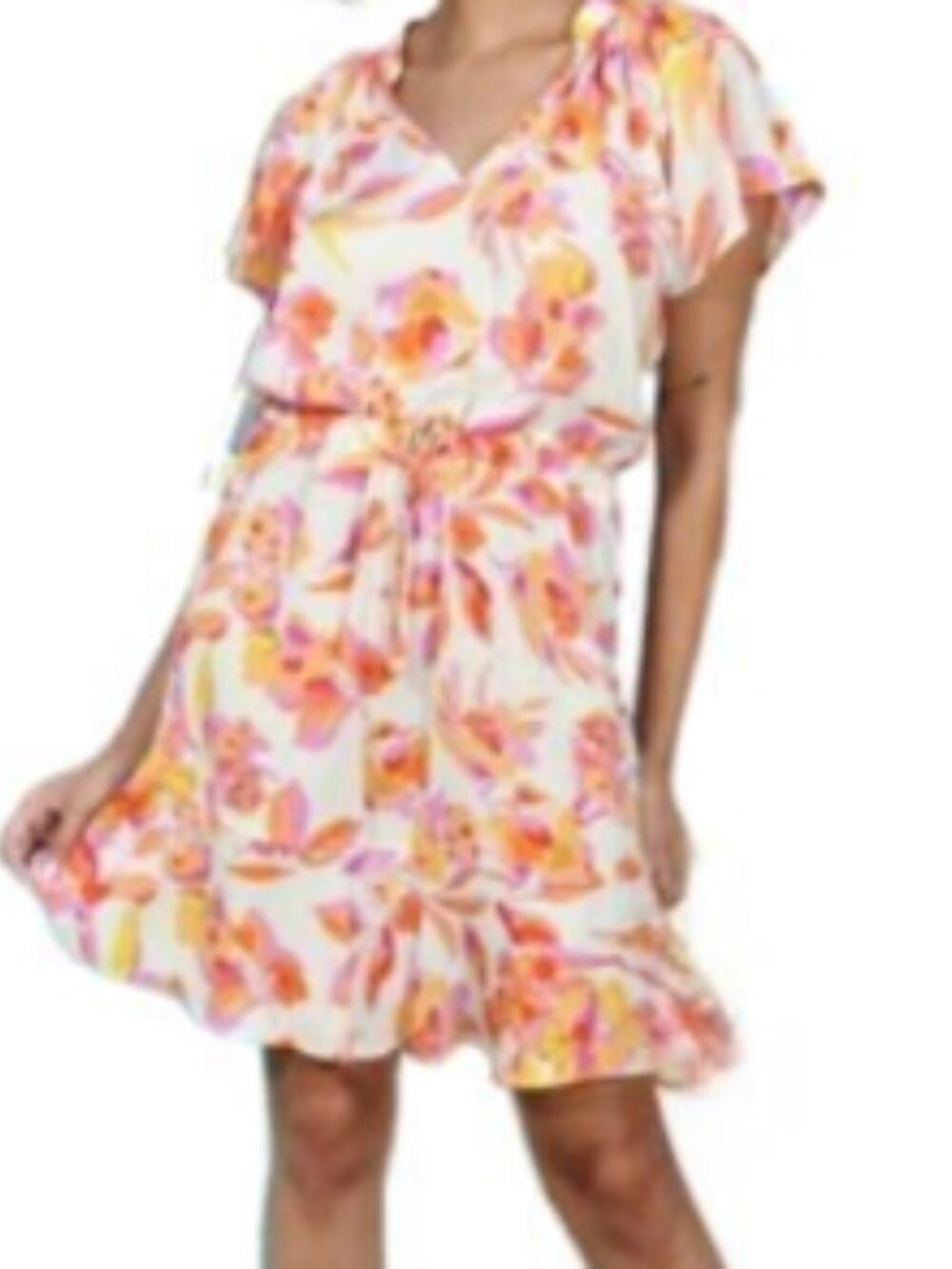 Veronica M Pink, Orange, Yellow Floral Tie Waist Mini Dress Size Small NWT
